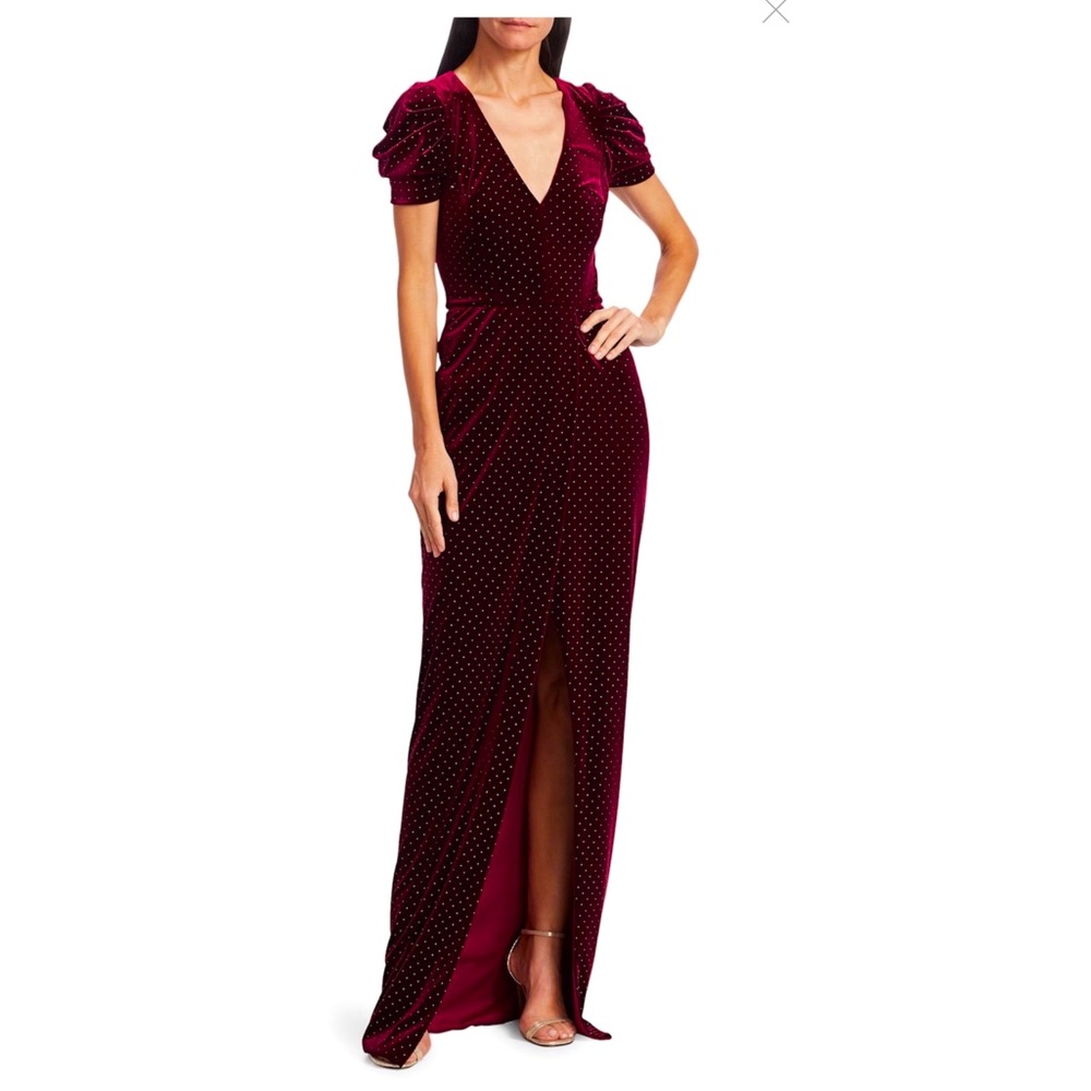 Monique Lhuillier Bordeaux Gold Puff-Sleeve Gown